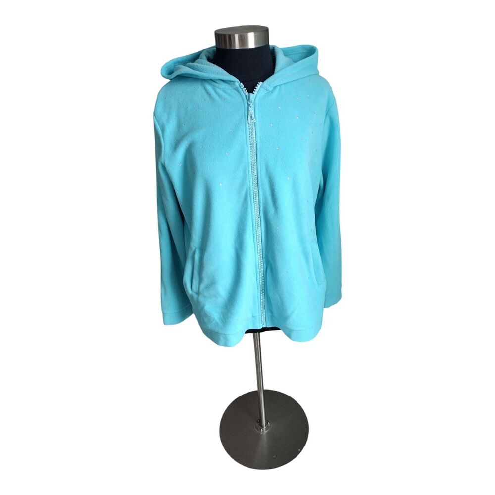 Quacker Factory Women's Size Large Aqua Blue Fleece Hoodie Rhinestone Accents